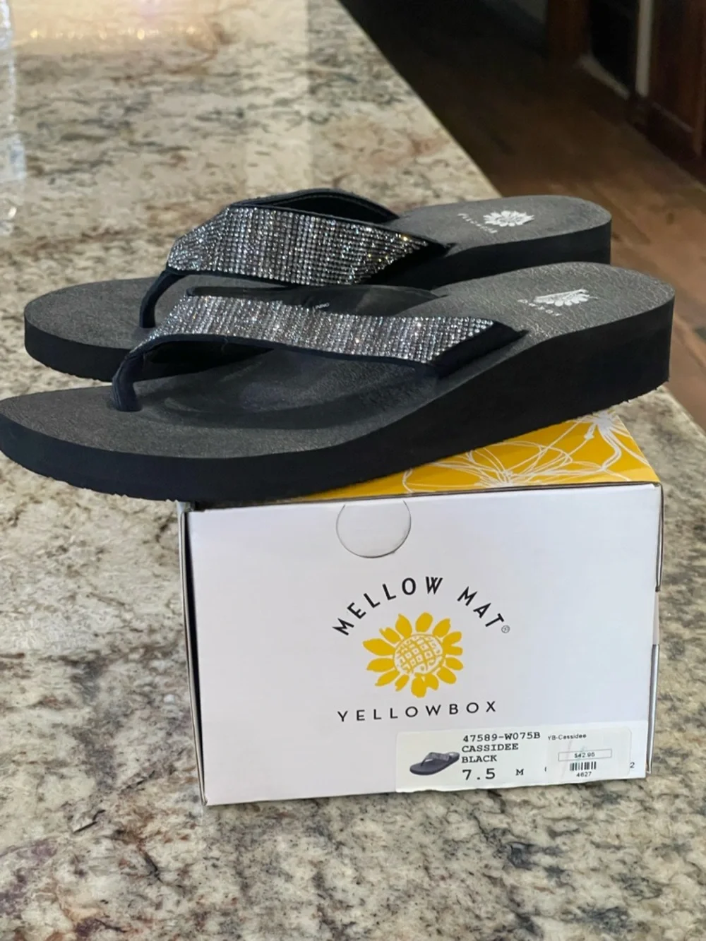 Yellow Box Black Sparkle Wedge Thong Sandals - Picture 2 of 3